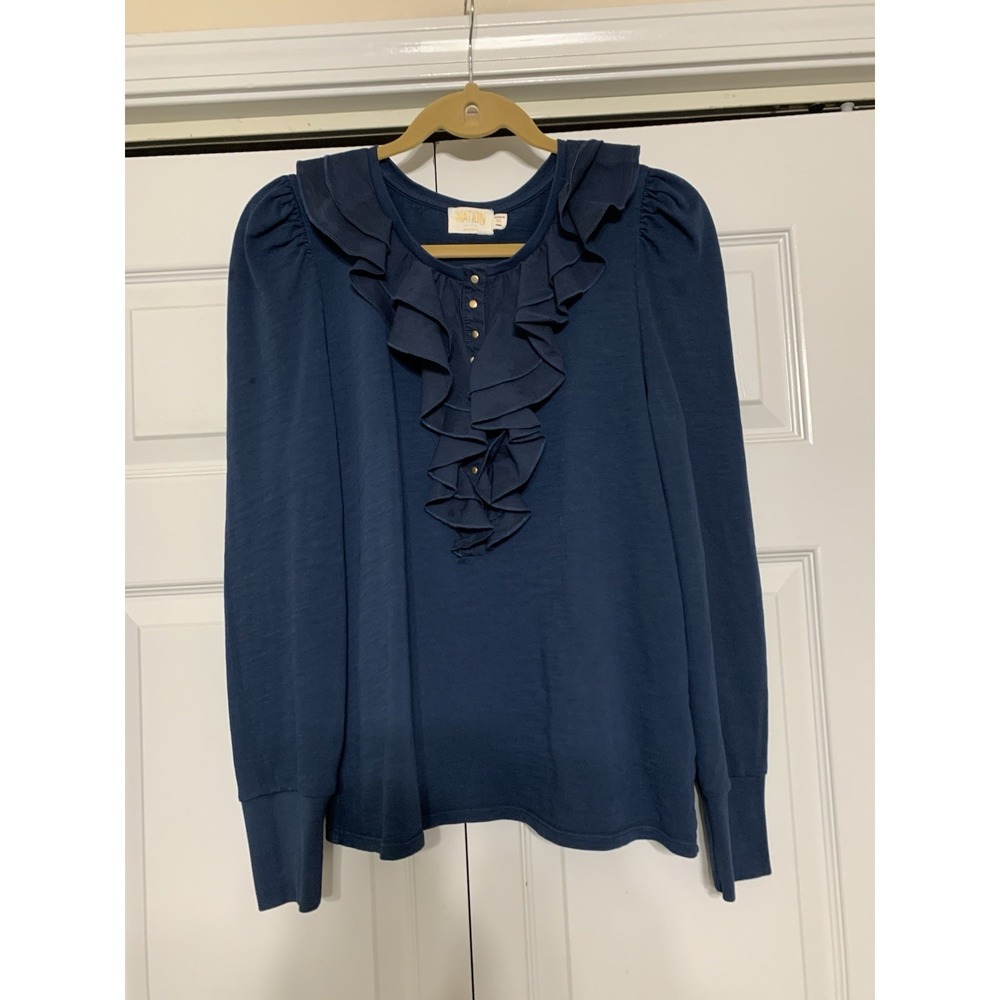 Nation Ltd Navy Blue Ruffle Front Long Sleeve Top Size XL